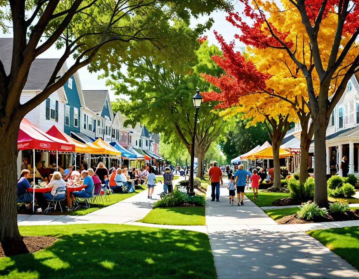A vibrant neighborhood scene in Park Place Estates, showcasing families enjoying local events like a farmers' market and outdoor music festival. Include colorful banners, friendly neighbors chatting, children playing, and blooming trees. Capture the essence of community spirit with warm, inviting colors and a lively atmosphere. super-realistic. vibrant colors. white background.