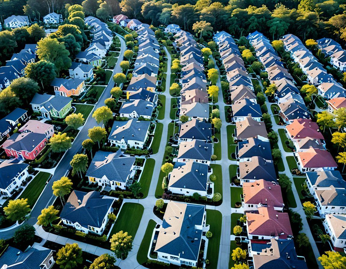 A stunning aerial view of Park Place Estates, showcasing beautiful homes and lush greenery, with a glowing key symbolizing 'unlocking secrets' in the foreground. Insert icons representing home-buying tips, like houses with check marks and dollar signs. Bright and inviting colors to create a sense of optimism and opportunity. super-realistic. vibrant colors.