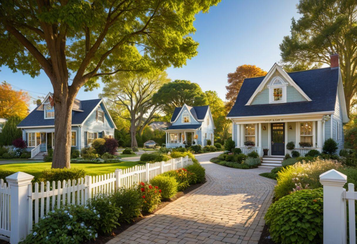 A visually striking landscape of a diverse neighborhood featuring charming houses with 'For Sale' signs. Include an aspiring homeowner couple exploring their options, holding a clipboard with notes. The scene should capture the essence of optimism, with trees and pathways inviting them to explore further. Bright blue skies and vibrant greenery enhance the atmosphere. super-realistic. vibrant colors. warm lighting.